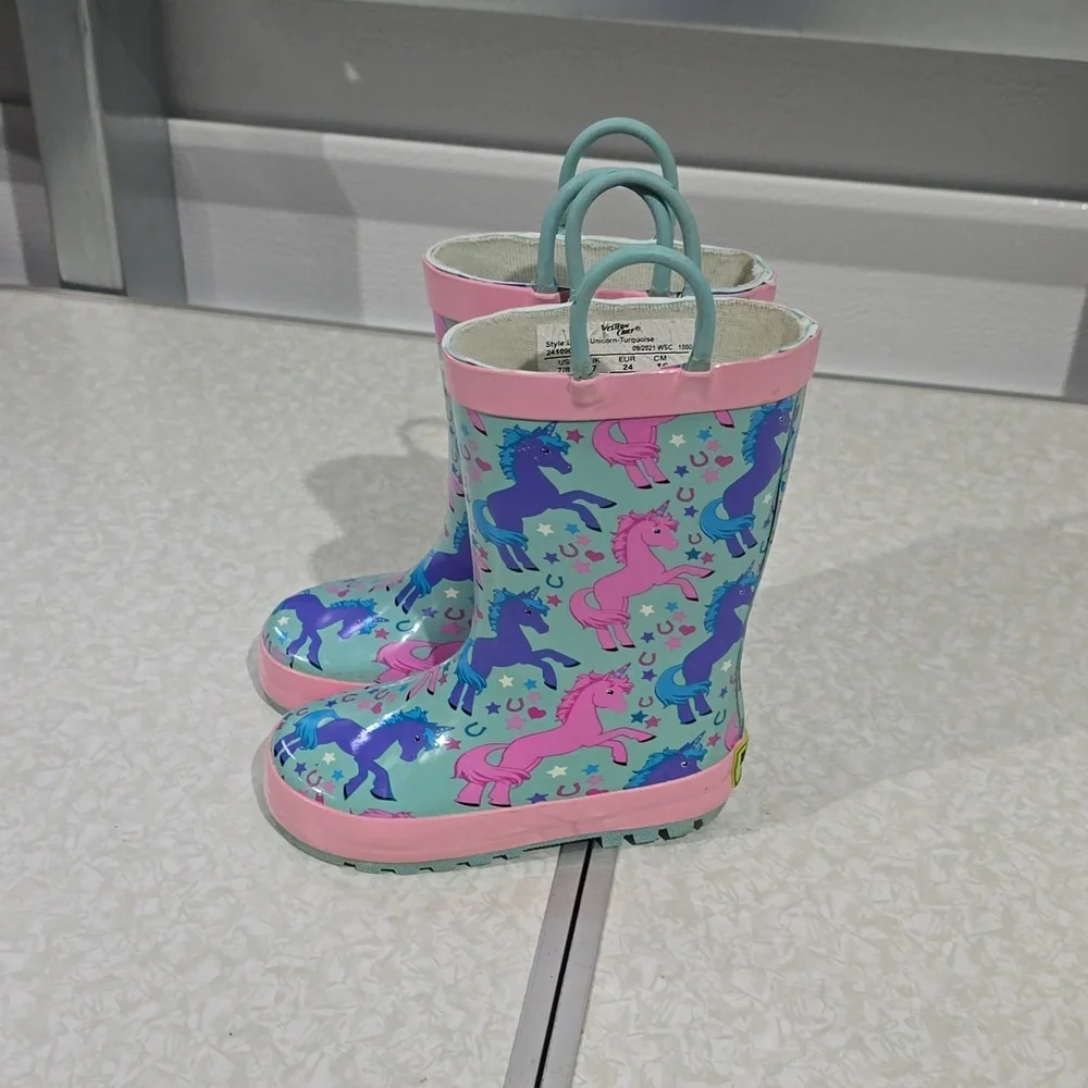 Girl’s Western‎ Chief Lucky Unicorn turquoise Rain Boots Size 7/8